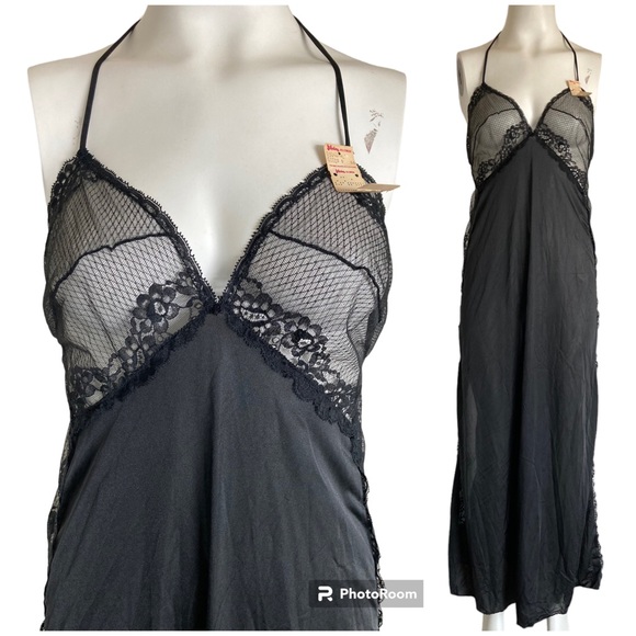 Vintage Other - Vintage 70’s Glydons Hollywood Black Nylon Sheer Lace Negligee Nightgown L NWT